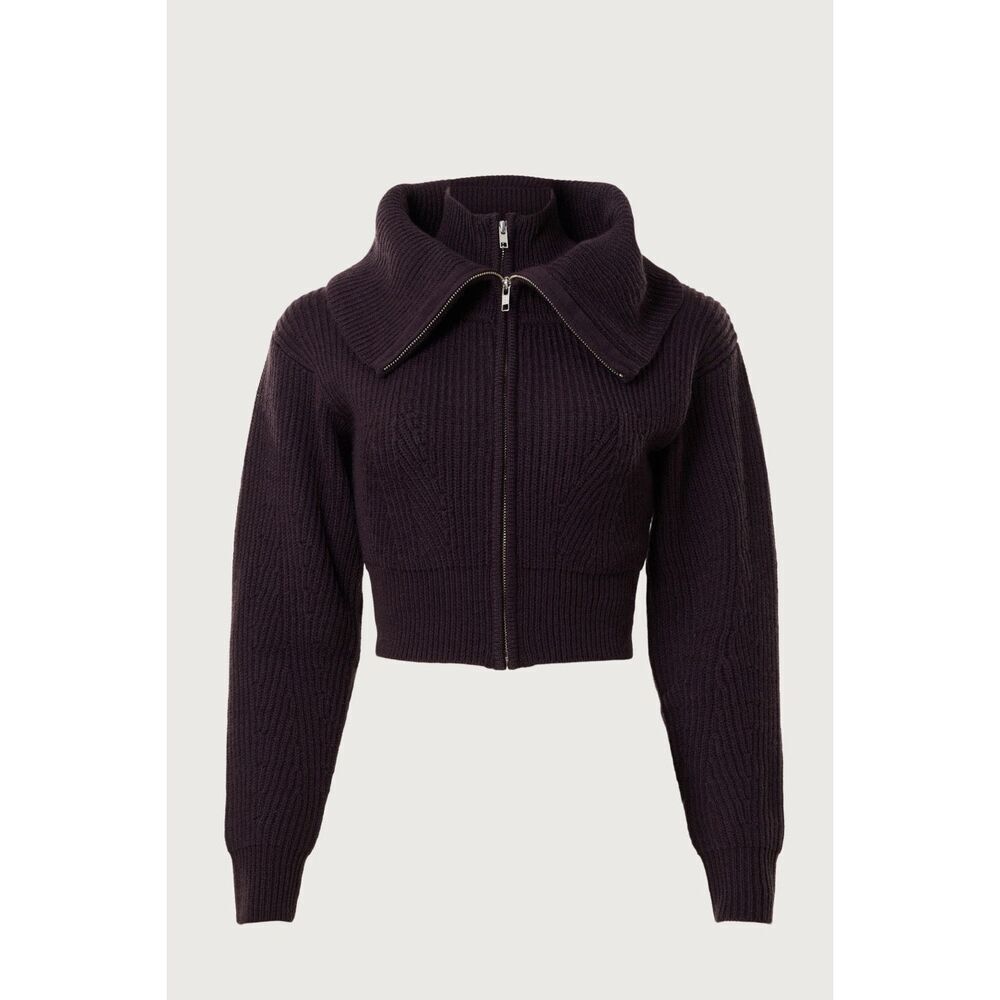 Derek Lam Dark Plum Ribbed Zip-Front Crewneck Sweater - Picture 4 of 9